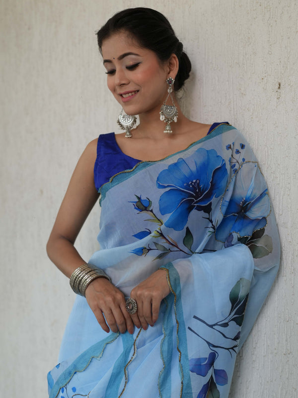 Banarasee Organza Silk Floral Printed Saree With Scallop Border-Light Blue