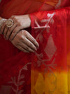 Banarasee Organza Saree With Gold Zari Jaal Design & Dual Color-Red & Yellow