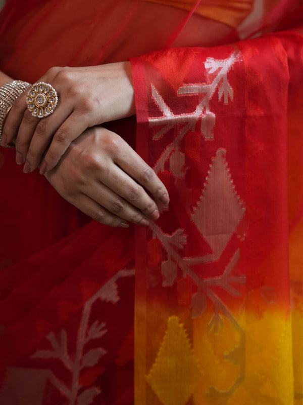 Banarasee Organza Saree With Gold Zari Jaal Design & Dual Color-Red & Yellow