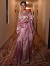 Banarasee Handwoven Mirror Work Crushed Tissue Saree With Lace & Contrast Blouse-Pink