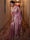 Banarasee Handwoven Mirror Work Crushed Tissue Saree With Lace & Contrast Blouse-Pink