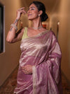 Banarasee Handwoven Mirror Work Crushed Tissue Saree With Lace & Contrast Blouse-Pink