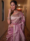 Banarasee Handwoven Mirror Work Crushed Tissue Saree With Lace & Contrast Blouse-Pink