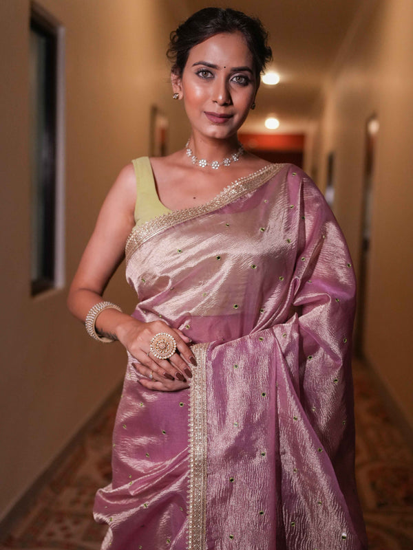 Banarasee Handwoven Mirror Work Crushed Tissue Saree With Lace & Contrast Blouse-Pink
