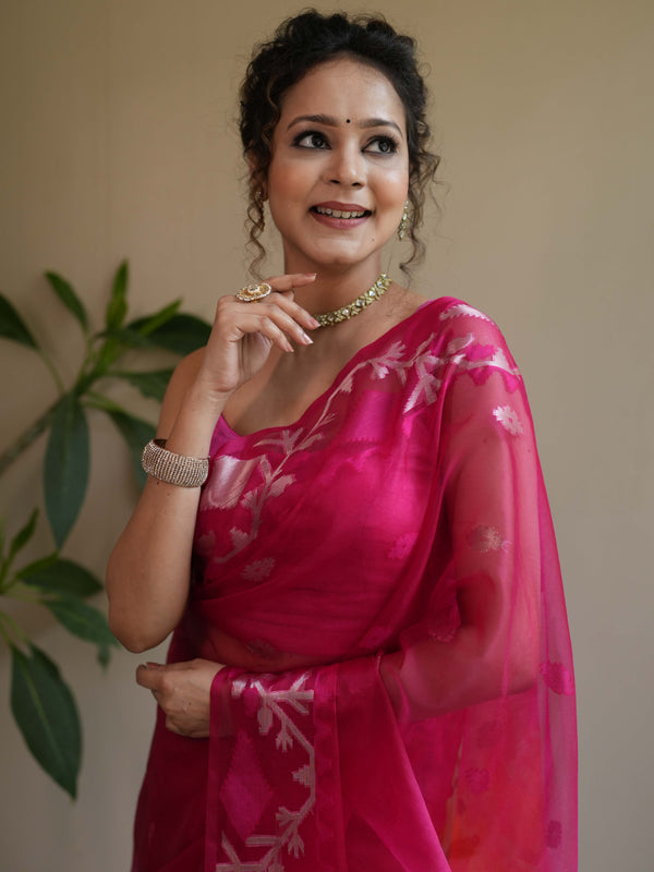 Banarasee Organza Mix Saree With Gold Zari Jaal Design & Dual Color-Pink & Orange