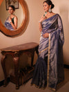 Banarasee Handwoven Mirror Work Crushed Tissue Saree With Lace With Contrast Blouse-Blue
