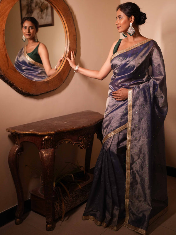 Banarasee Handwoven Mirror Work Crushed Tissue Saree With Lace With Contrast Blouse-Blue