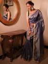 Banarasee Handwoven Mirror Work Crushed Tissue Saree With Lace With Contrast Blouse-Blue