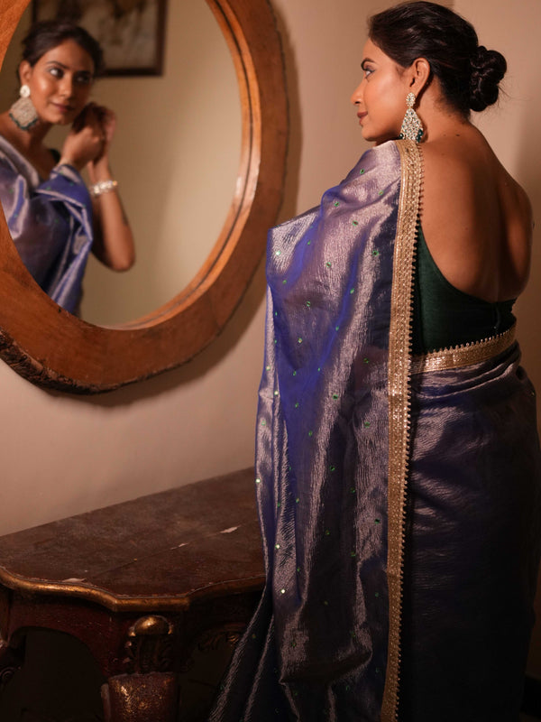 Banarasee Handwoven Mirror Work Crushed Tissue Saree With Lace With Contrast Blouse-Blue