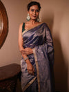 Banarasee Handwoven Mirror Work Crushed Tissue Saree With Lace With Contrast Blouse-Blue