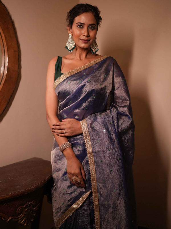 Banarasee Handwoven Mirror Work Crushed Tissue Saree With Lace With Contrast Blouse-Blue