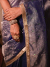 Banarasee Handwoven Mirror Work Crushed Tissue Saree With Lace With Contrast Blouse-Blue