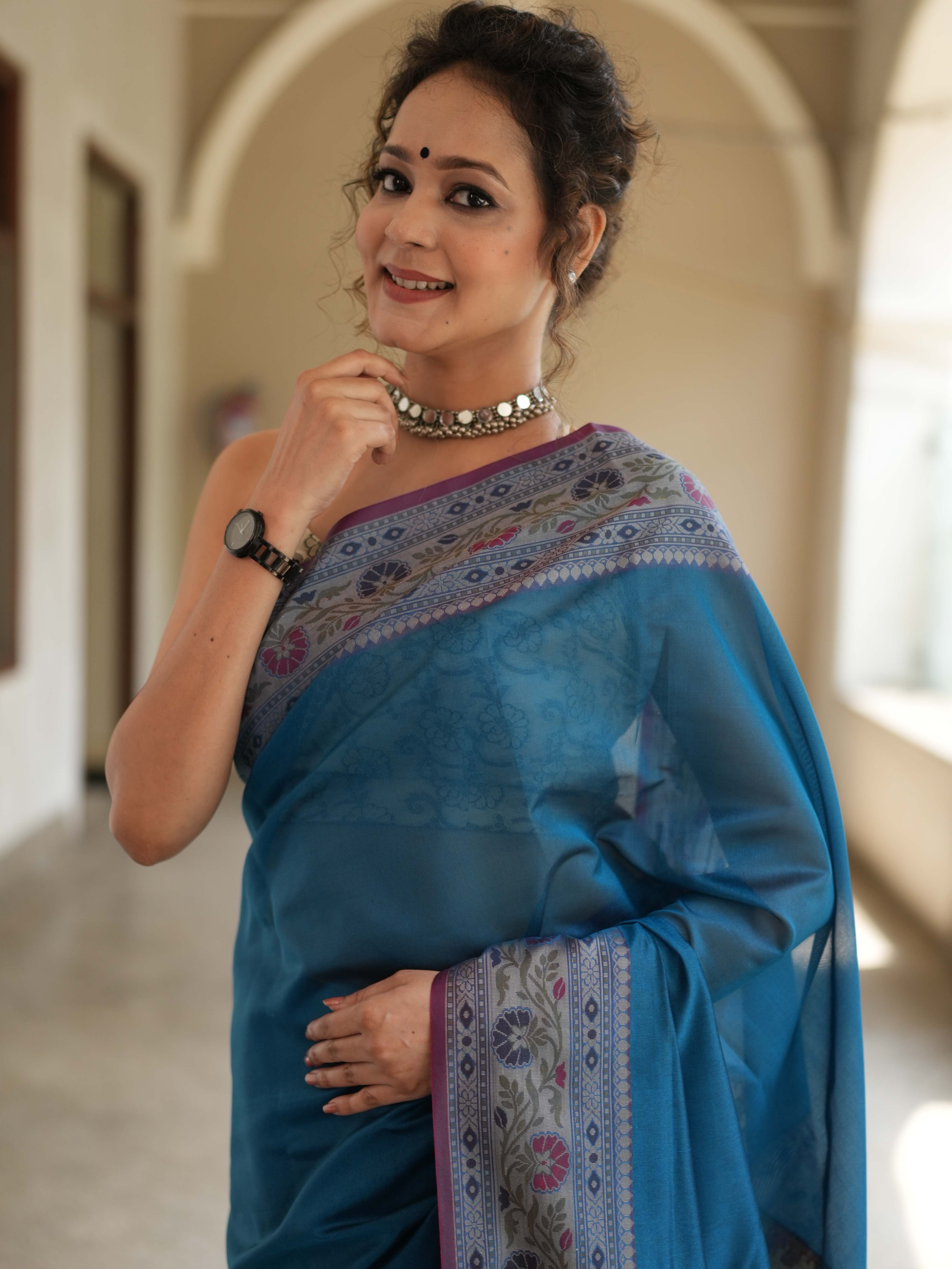 Banarasee Cotton Silk Saree With Resham Border & Pallu-Blue