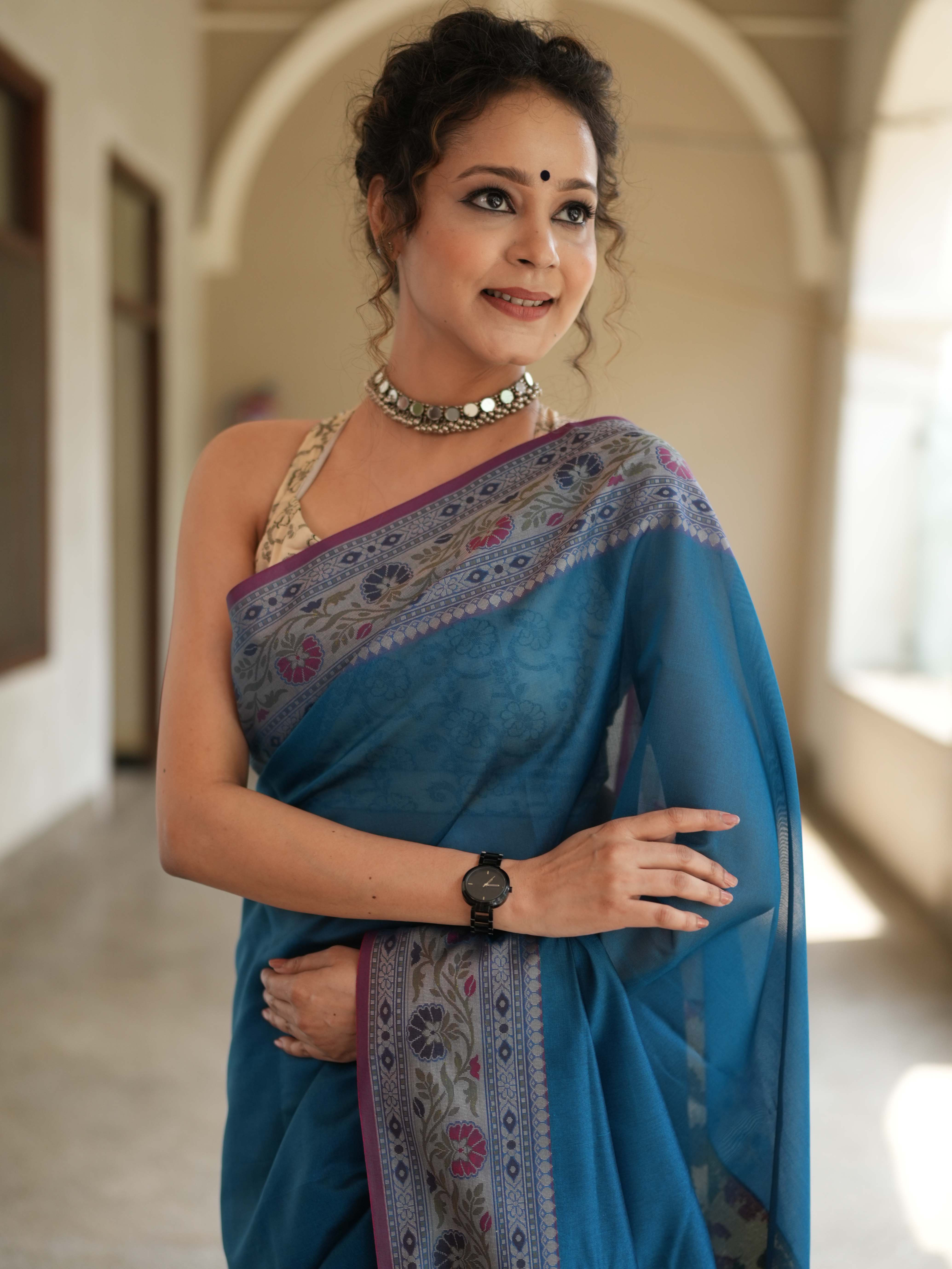 Banarasee Cotton Silk Saree With Resham Border & Pallu-Blue