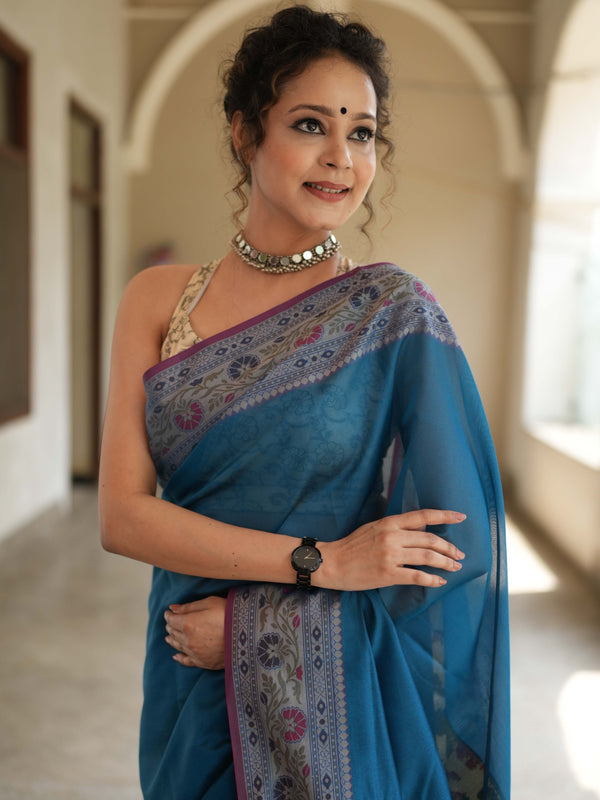 Banarasee Cotton Silk Saree With Resham Border & Pallu-Blue