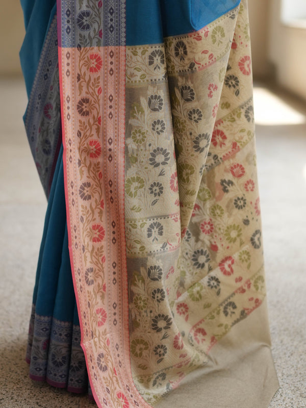 Banarasee Cotton Silk Saree With Resham Border & Pallu-Blue