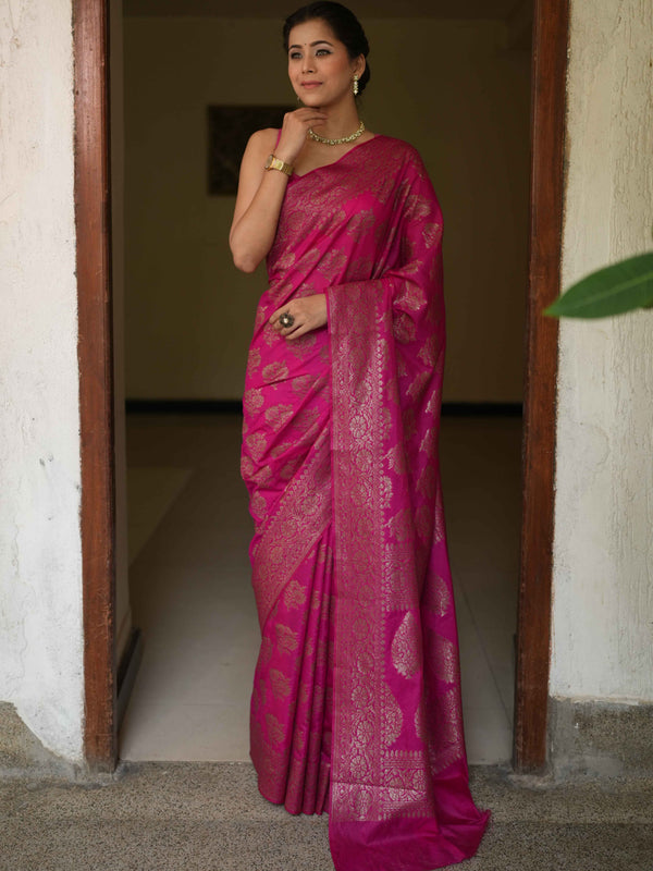 Banarasee Semi-Chiffon Saree With Antique Zari Work-Pink