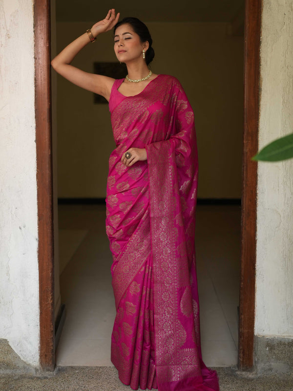Banarasee Semi-Chiffon Saree With Antique Zari Work-Pink