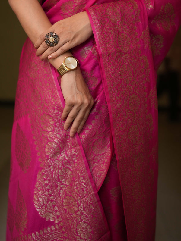 Banarasee Semi-Chiffon Saree With Antique Zari Work-Pink
