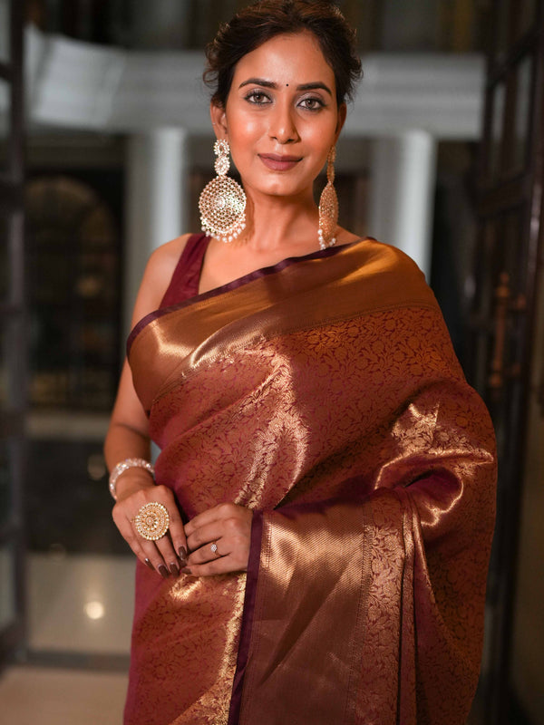 Banarasee Handwoven Tissue Saree Zari Design & Border-Maroon