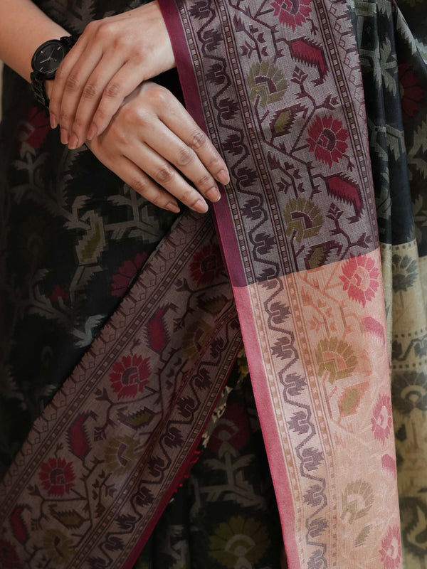 Banarasee Cotton Silk Jamdani Saree With Resham & Zari Design-Black