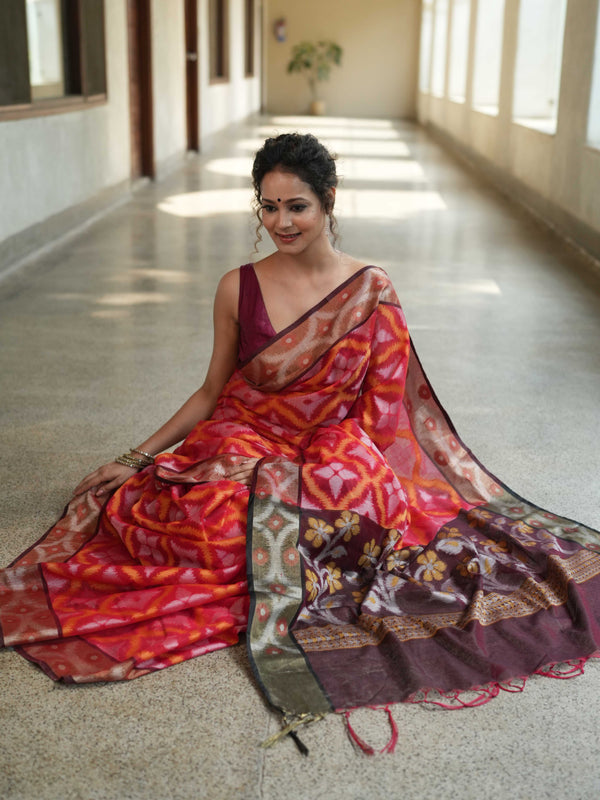 Banarasee Cotton Silk Saree With Resham Work & Pallu-Red & Maroon