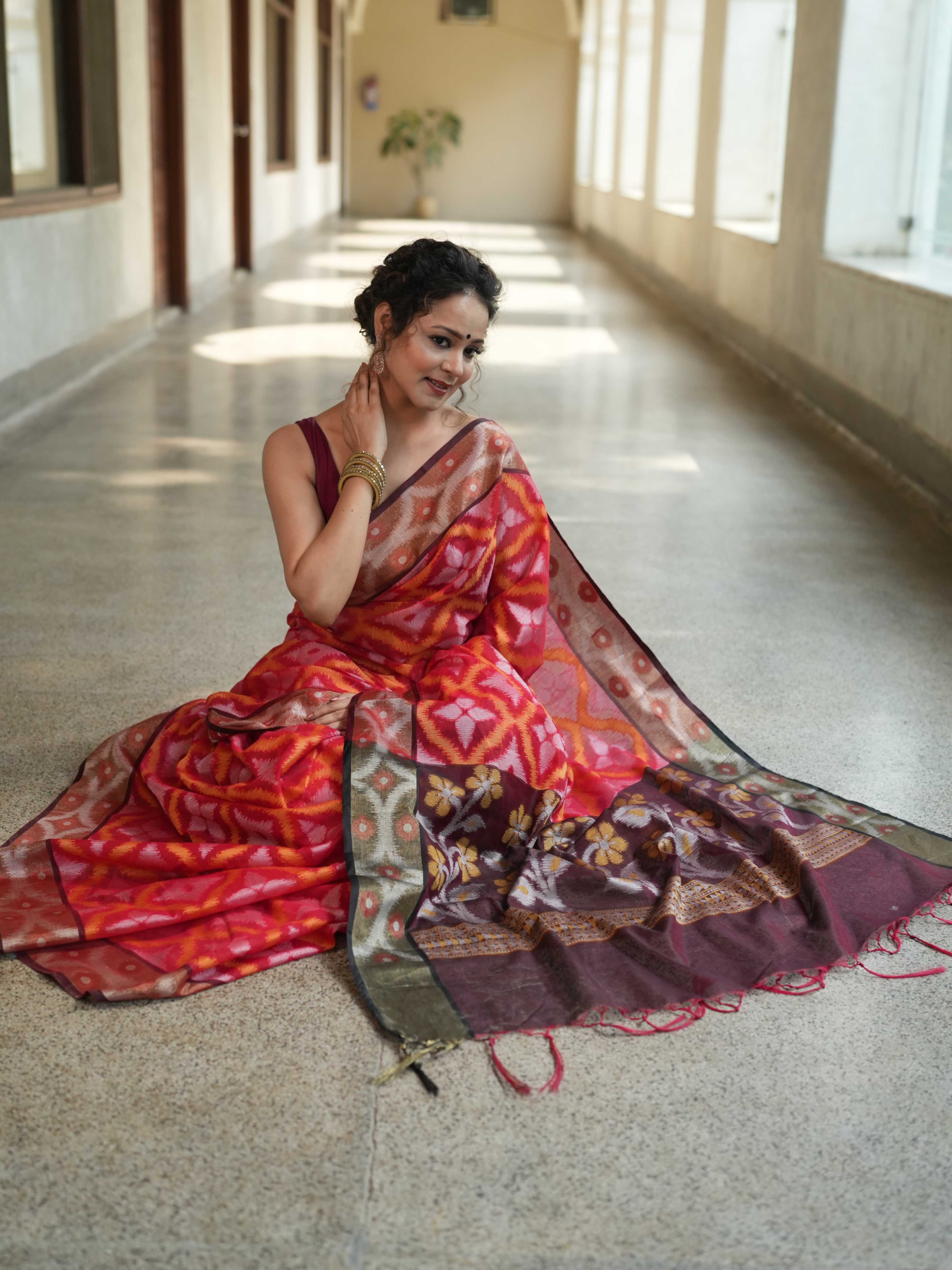 Banarasee Cotton Silk Saree With Resham Work & Pallu-Red & Maroon