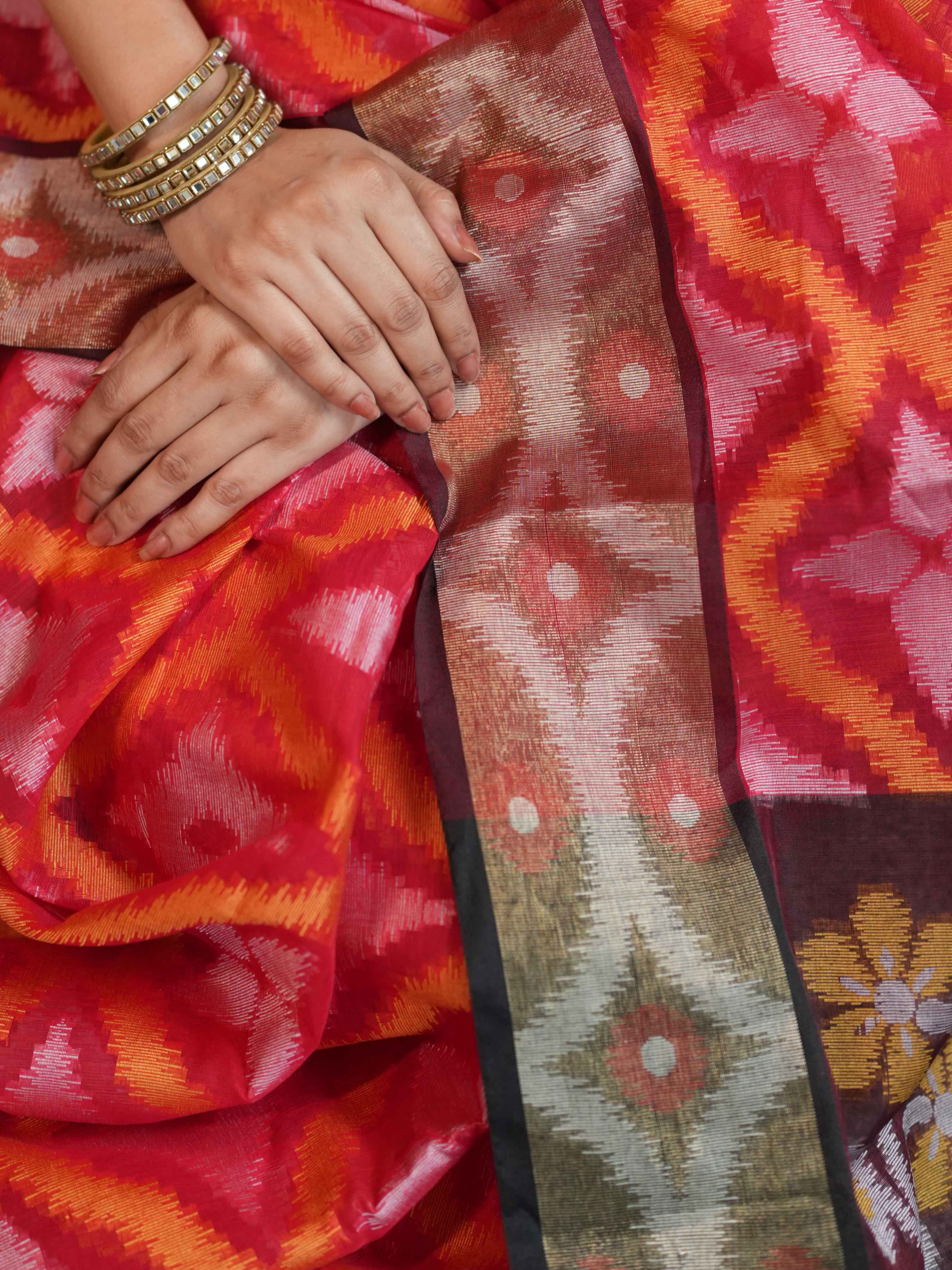 Banarasee Cotton Silk Saree With Resham Work & Pallu-Red & Maroon