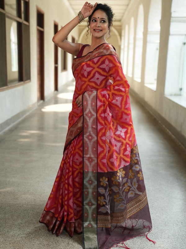 Banarasee Cotton Silk Saree With Resham Work & Pallu-Red & Maroon