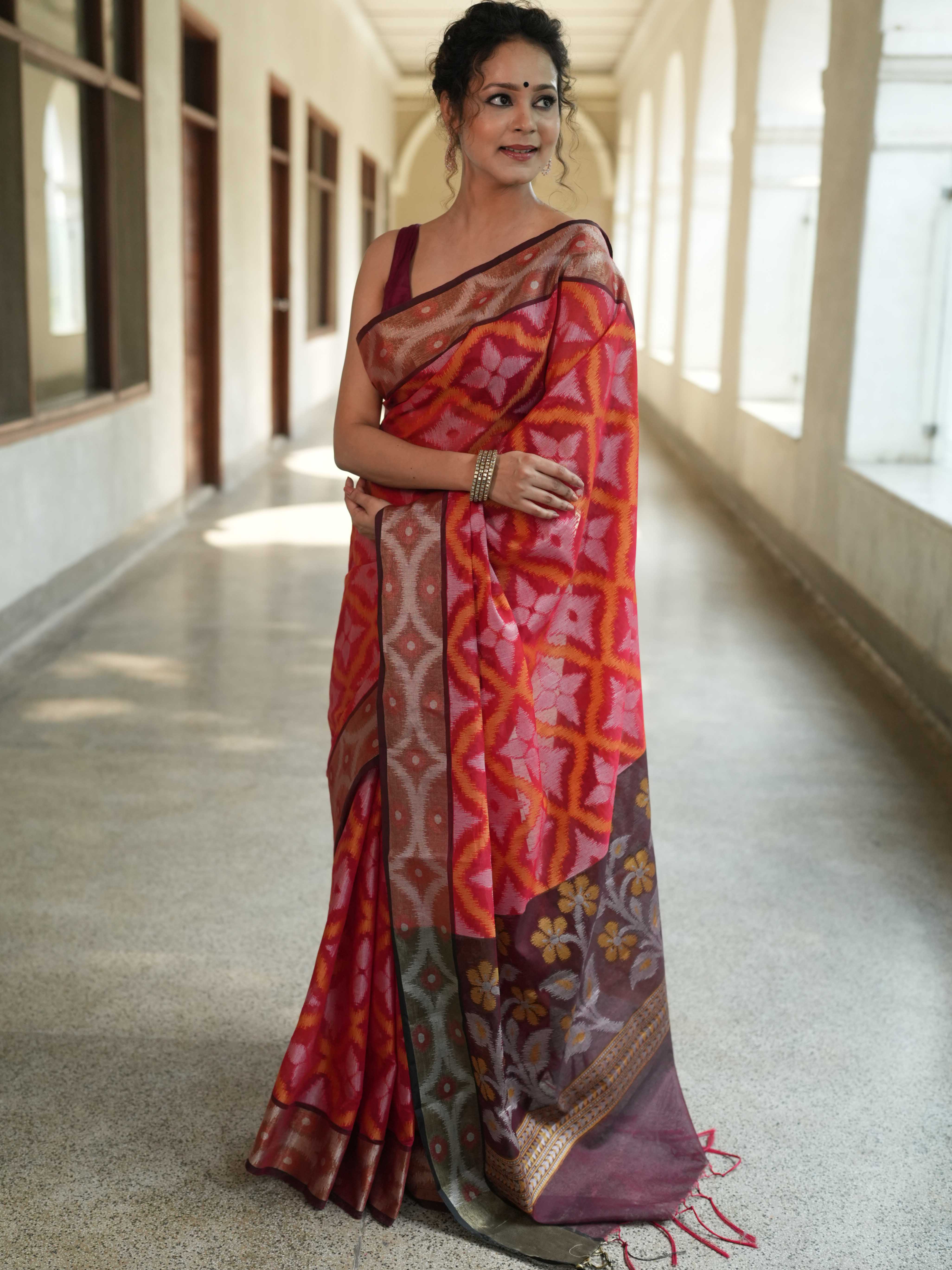Banarasee Cotton Silk Saree With Resham Work & Pallu-Red & Maroon