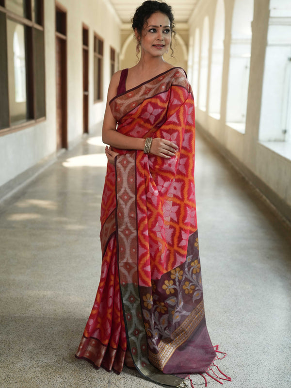 Banarasee Cotton Silk Saree With Resham Work & Pallu-Red & Maroon