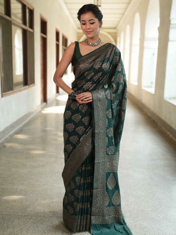 Banarasee Semi-Chiffon Saree With Antique Zari Work-Green