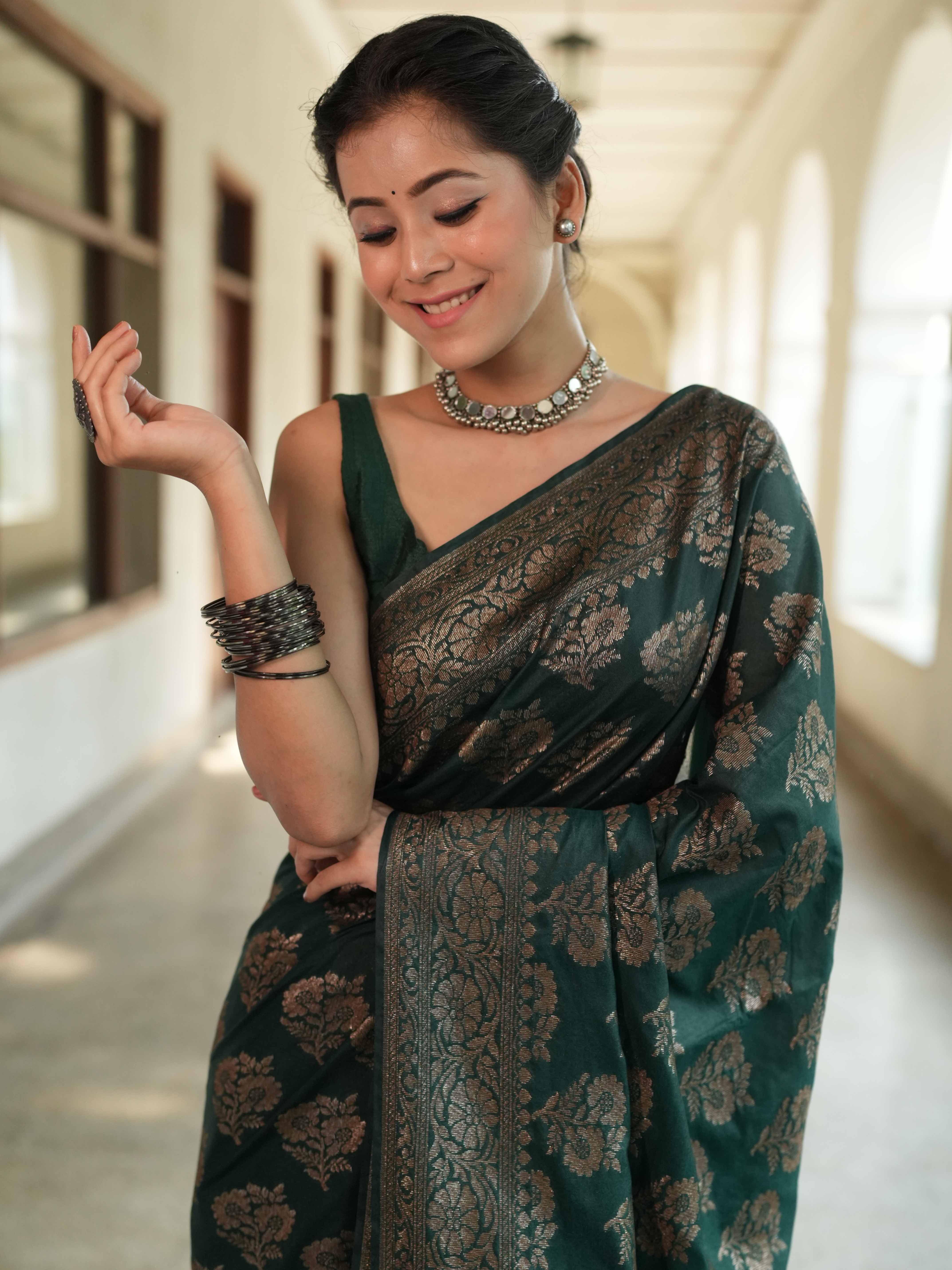Banarasee Semi-Chiffon Saree With Antique Zari Work-Green