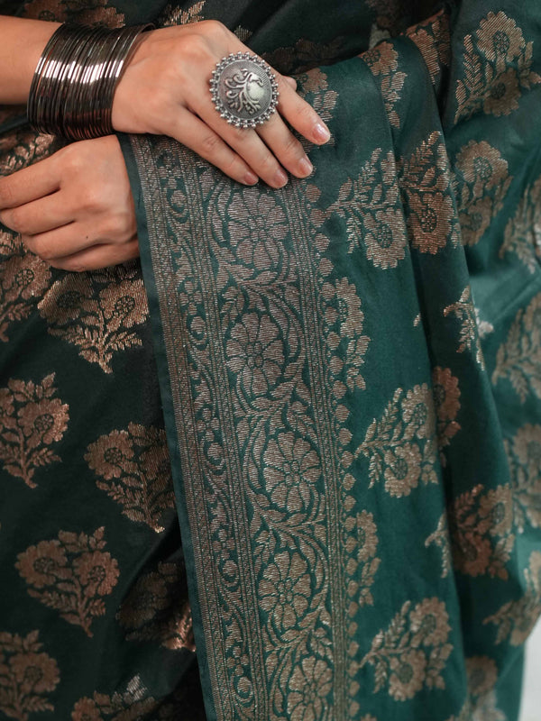Banarasee Semi-Chiffon Saree With Antique Zari Work-Green