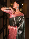 Banarasee Handwoven Tissue Saree Zari Design & Border-Black & Peach