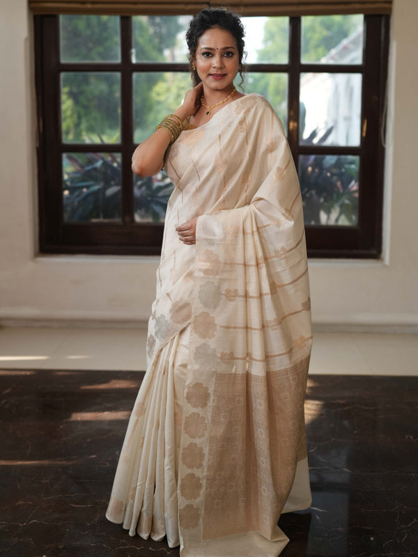 Banarasee Handloom Pure Chiniya Silk Saree With Zari Work & Border-Cream