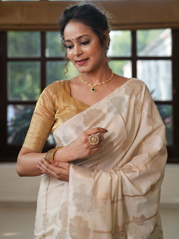 Banarasee Handloom Pure Chiniya Silk Saree With Zari Work & Border-Cream