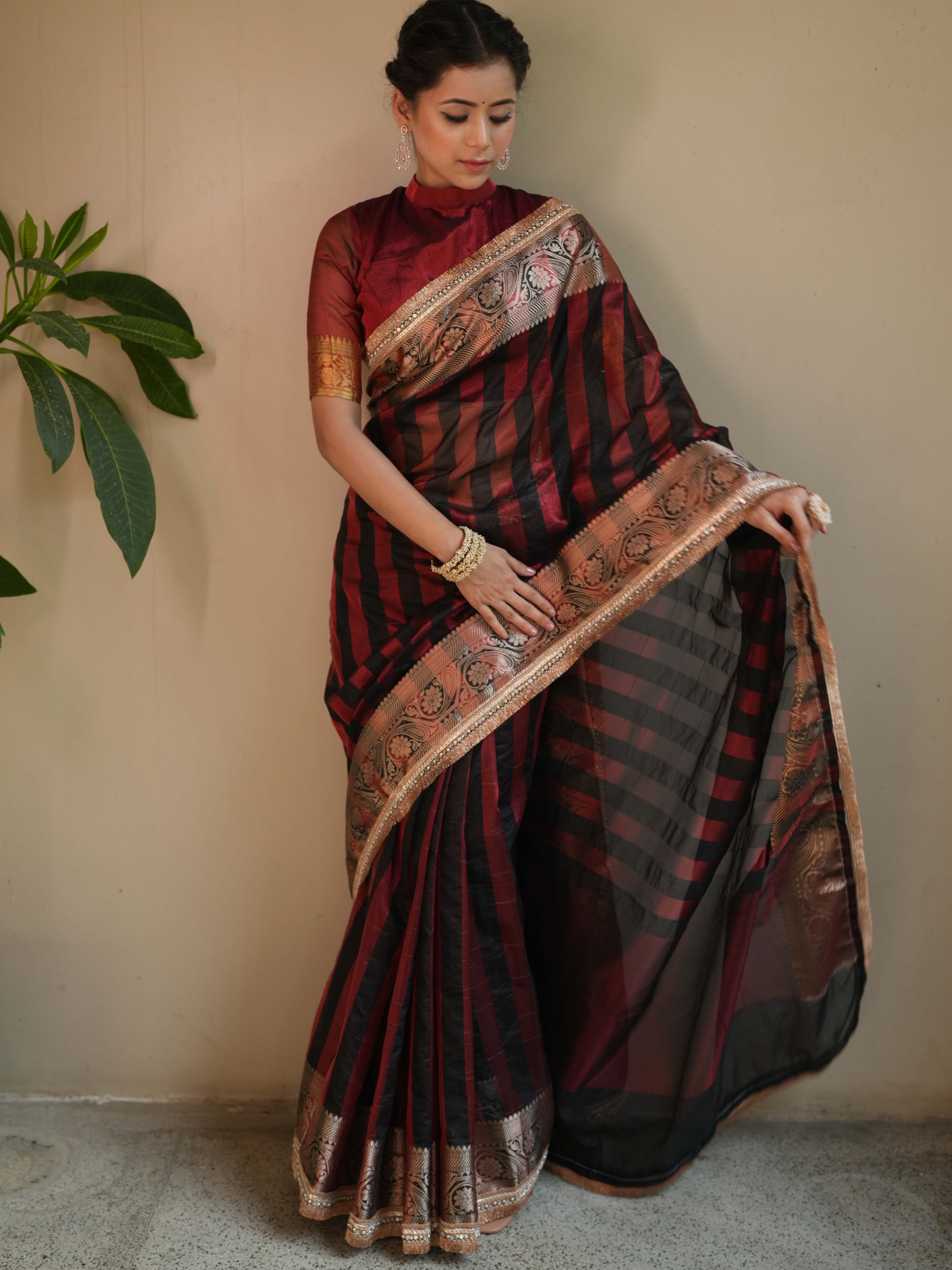 Banarasee Handwoven Tissue Saree With Gold Zari Border & Lace-Black & Red