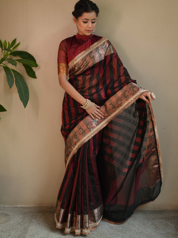 Banarasee Handwoven Tissue Saree With Gold Zari Border & Lace-Black & Red