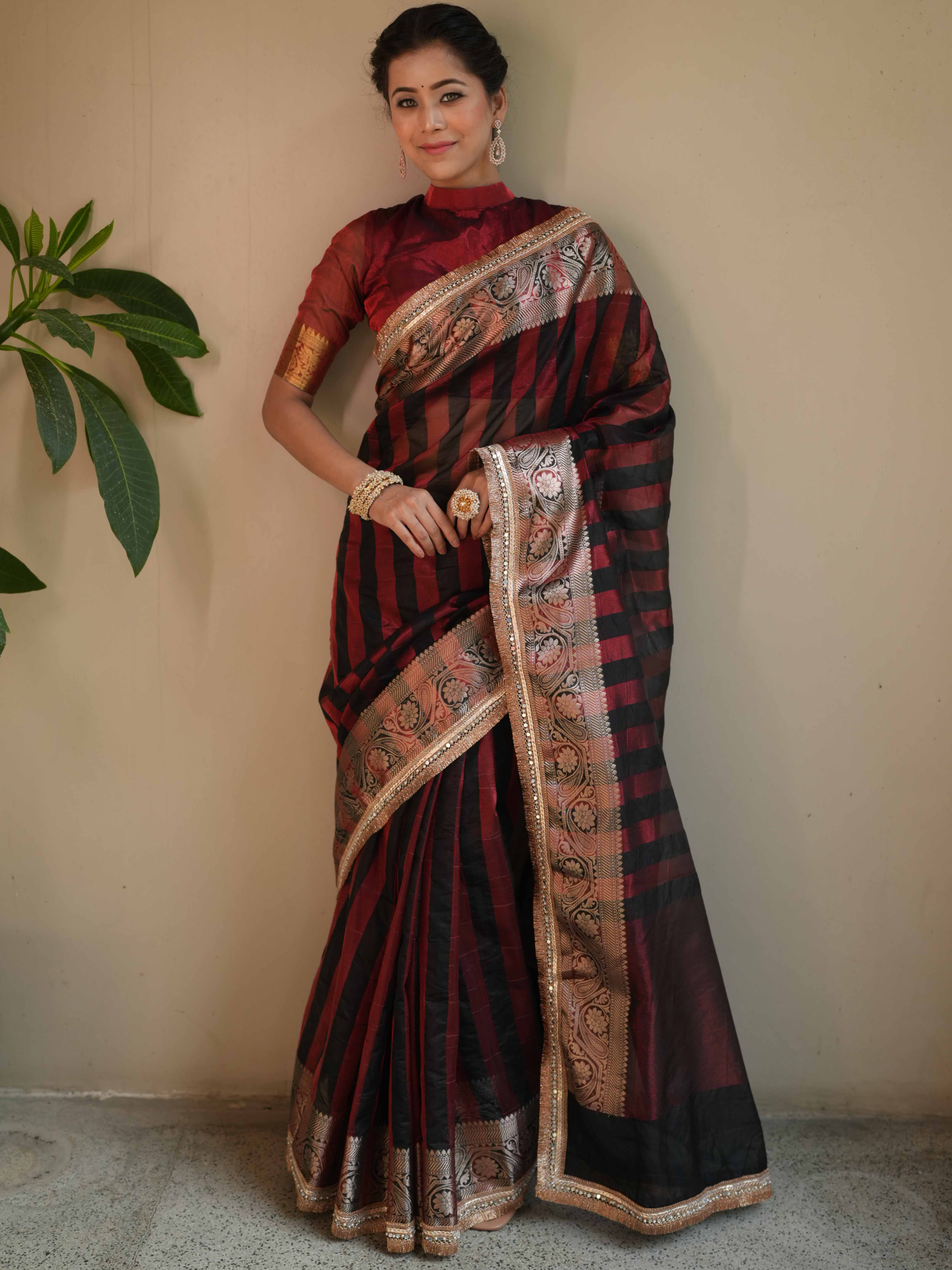 Banarasee Handwoven Tissue Saree With Gold Zari Border & Lace-Black & Red