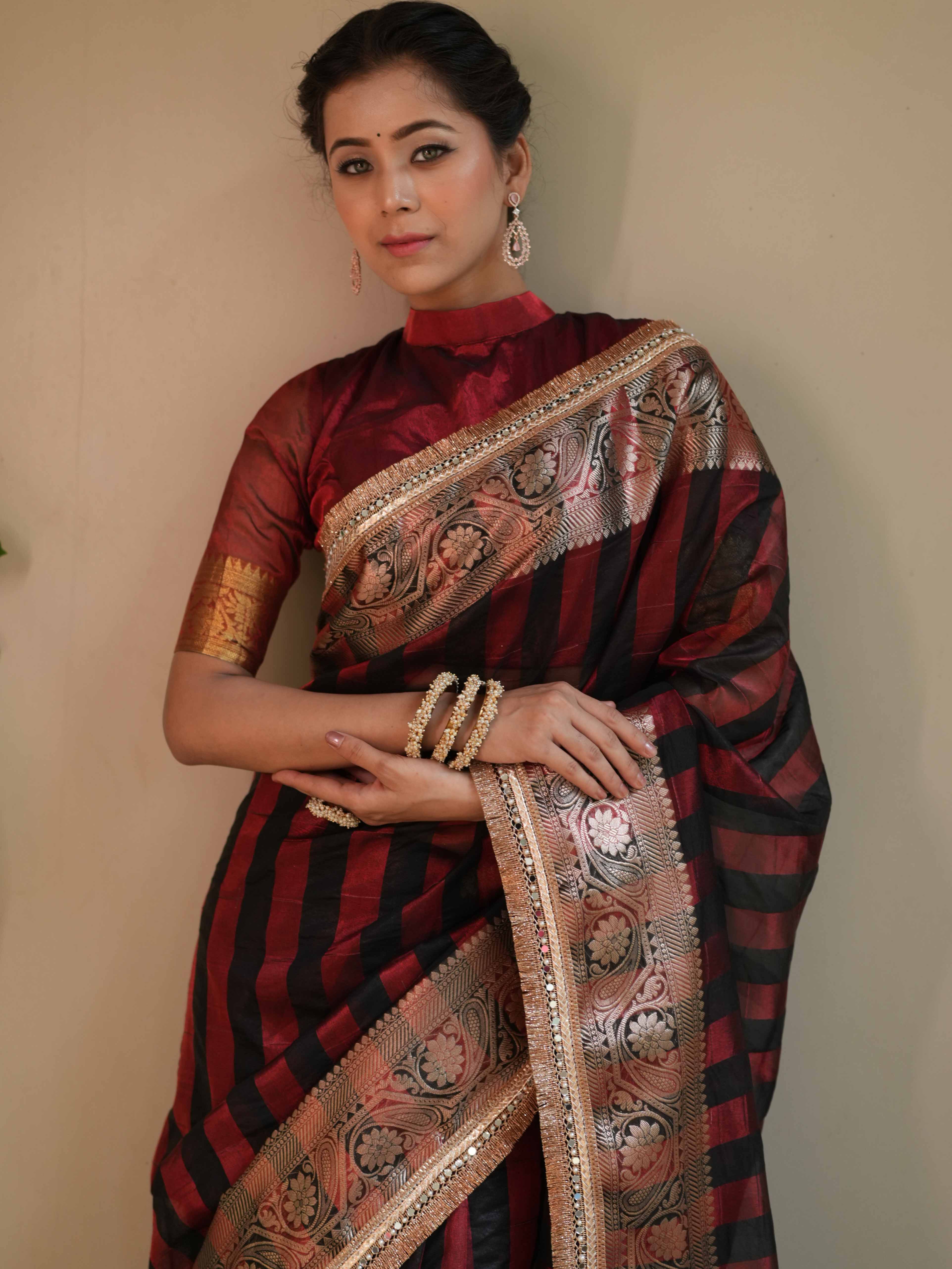 Banarasee Handwoven Tissue Saree With Gold Zari Border & Lace-Black & Red