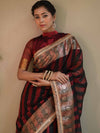 Banarasee Handwoven Tissue Saree With Gold Zari Border & Lace-Black & Red