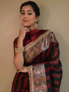 Banarasee Handwoven Tissue Saree With Gold Zari Border & Lace-Black & Red