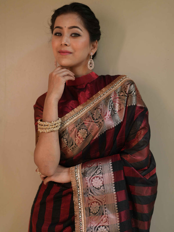 Banarasee Handwoven Tissue Saree With Gold Zari Border & Lace-Black & Red