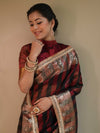 Banarasee Handwoven Tissue Saree With Gold Zari Border & Lace-Black & Red