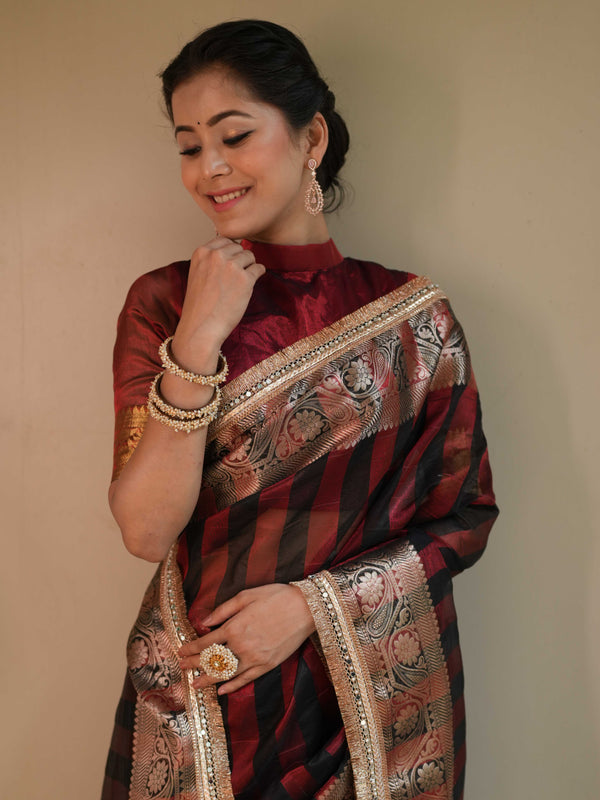 Banarasee Handwoven Tissue Saree With Gold Zari Border & Lace-Black & Red