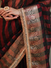 Banarasee Handwoven Tissue Saree With Gold Zari Border & Lace-Black & Red