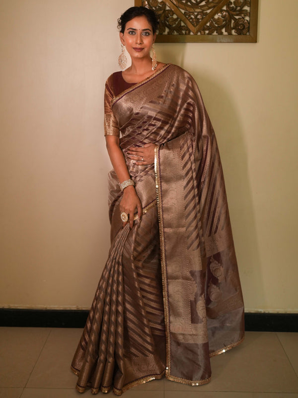 Banarasee Handwoven Tissue Saree With Zari Design & Broder-Brown