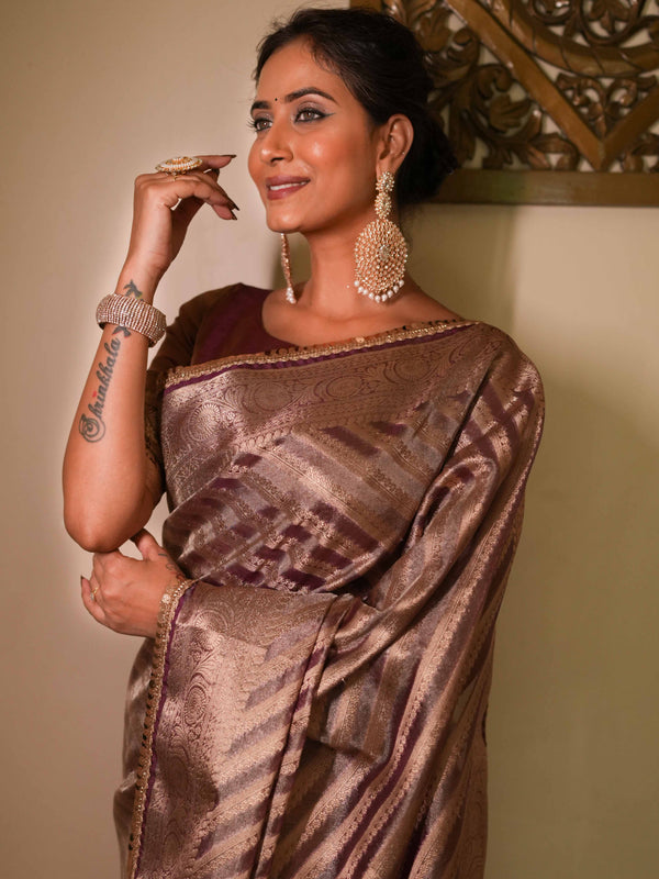 Banarasee Handwoven Tissue Saree With Zari Design & Broder-Brown