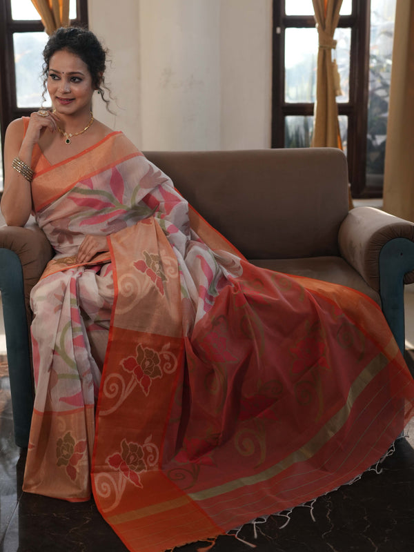Banarasee Cotton Silk Saree With Resham Work & Pallu-Cream & Peach